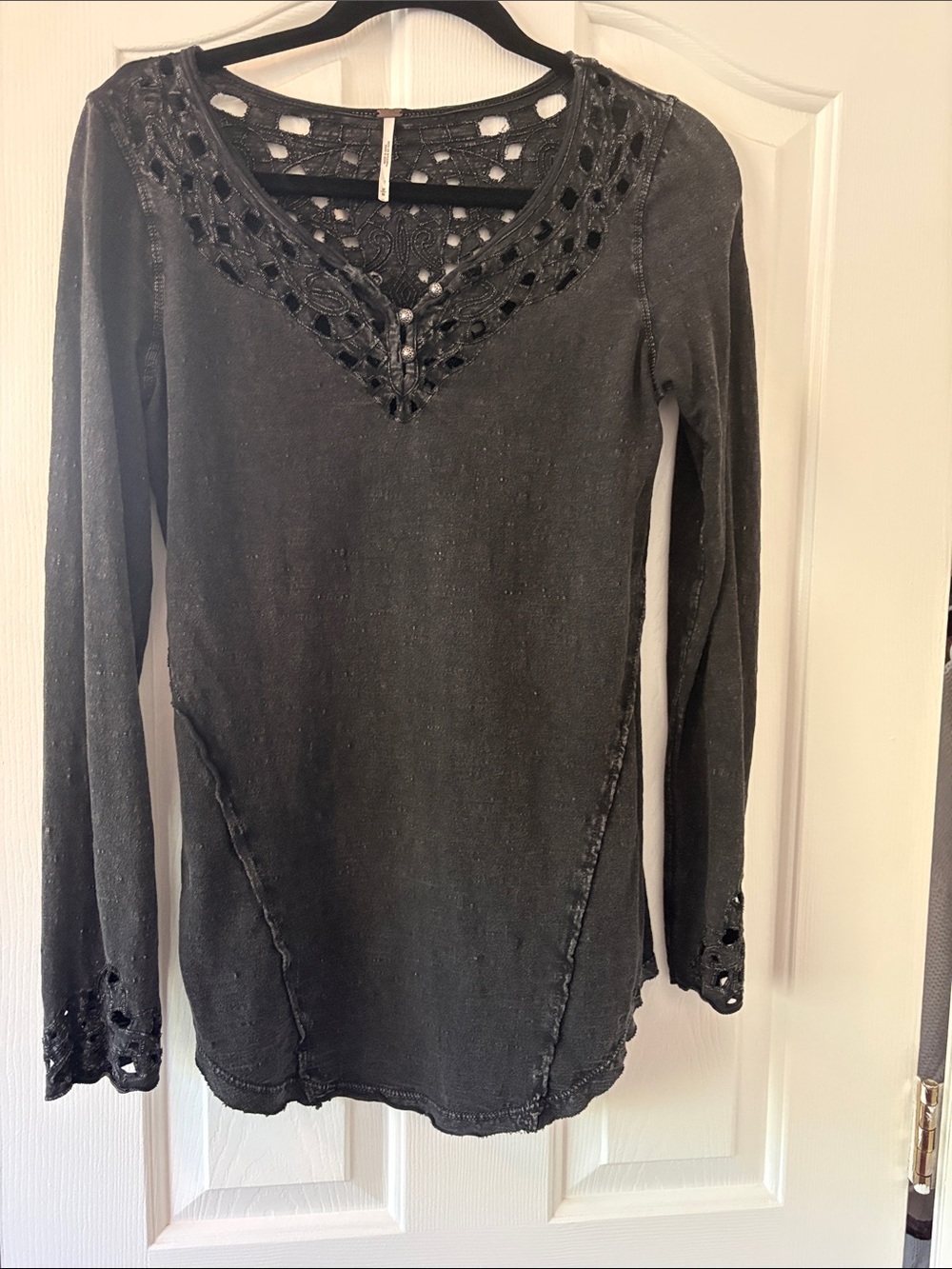 Vintage Free People Black Long-Sleeve Womens Top with Crochet V-Neck